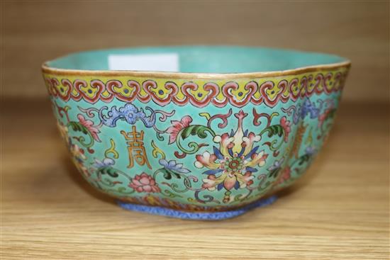 A Chinese lobed hexagonal turquoise ground bowl diameter 14cm